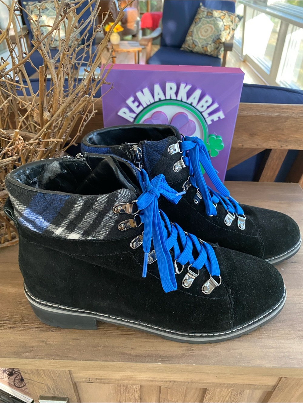 Blondo Black Suede Ankle Boots with Blue Laces and Plaid Cuff